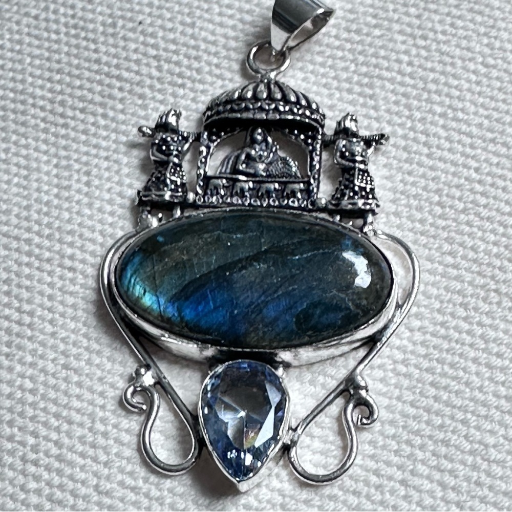 Hand Crafted Artisan Labradorite Pendant with Blue Crystal Accents - Jewelry